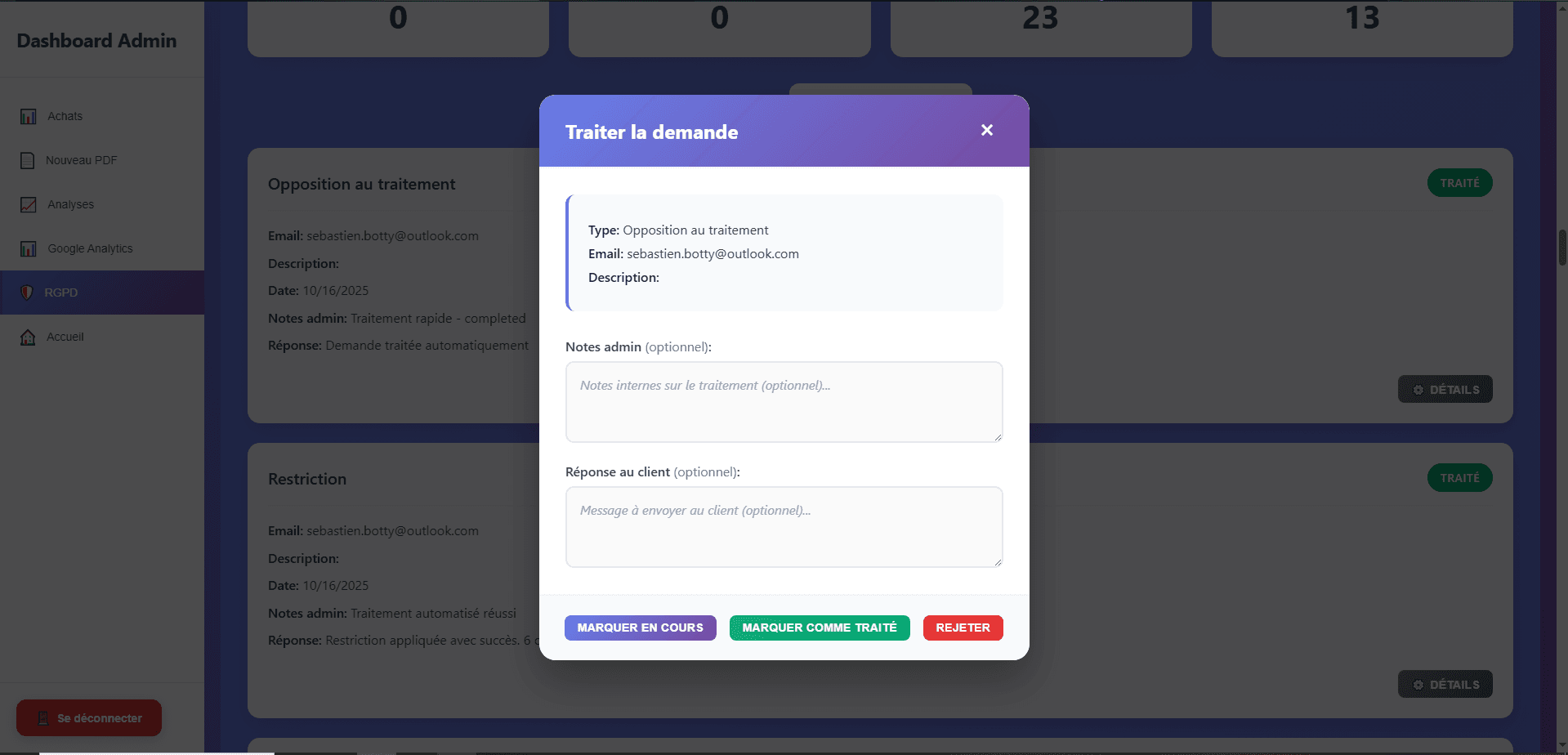 CheckCar — GDPR dashboard
